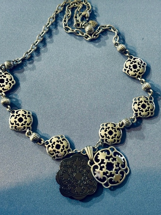 Brighton Jewelry - Brighton Flora Reversible Medallion Black Enamel Silver Plated Collar Necklace